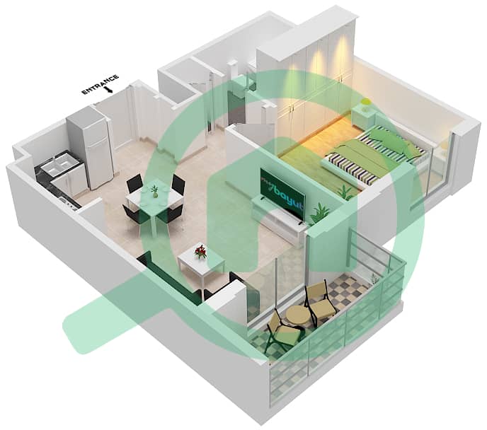 Cyan Beach Residence by Eagle Hills - 1 Bedroom Apartment Type/unit 1A-4M/16 Floor plan Floor 2-4 interactive3D