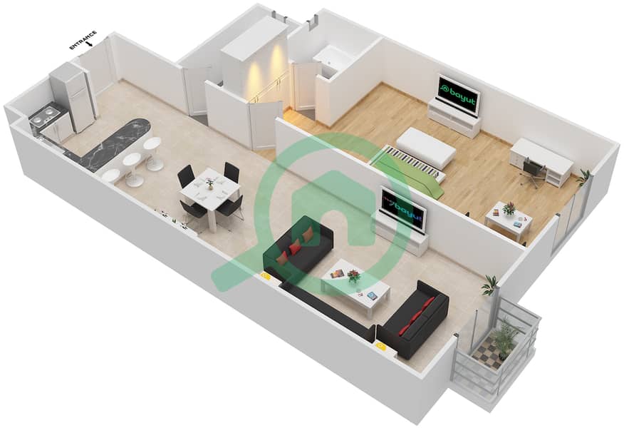 المخططات الطابقية لتصميم الوحدة 17 FLORENCE 1 شقة 1 غرفة نوم - فلورنس 1 Floor 1 interactive3D