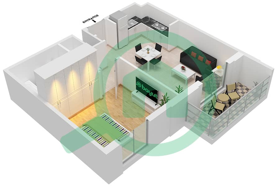 Cyan Beach Residence by Eagle Hills - 1 Bedroom Apartment Type/unit 1A-5/2 Floor plan Floor 2-6 interactive3D