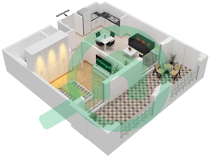 Cyan Beach Residence by Eagle Hills - 1 Bedroom Apartment Type/unit 1A-6/26 Floor plan Floor 2-4 interactive3D