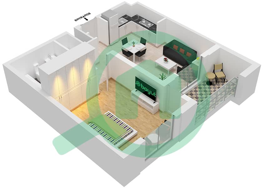 Cyan Beach Residence by Eagle Hills - 1 Bedroom Apartment Type/unit 1B-3/22 Floor plan Floor 2-4 interactive3D