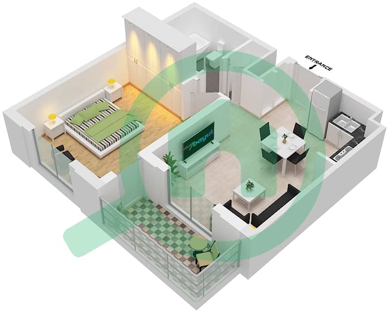 Cyan Beach Residence by Eagle Hills - 1 Bedroom Apartment Type/unit 1B-4/28 Floor plan Floor 2-4 interactive3D