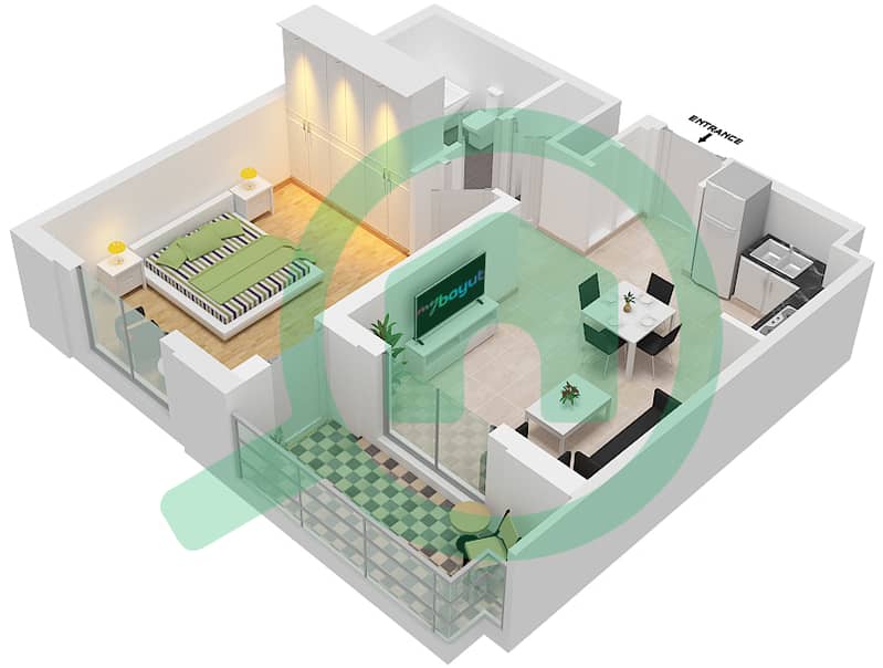 Cyan Beach Residence by Eagle Hills - 1 Bedroom Apartment Type/unit 1B-5M/24 Floor plan Floor 2-4 interactive3D