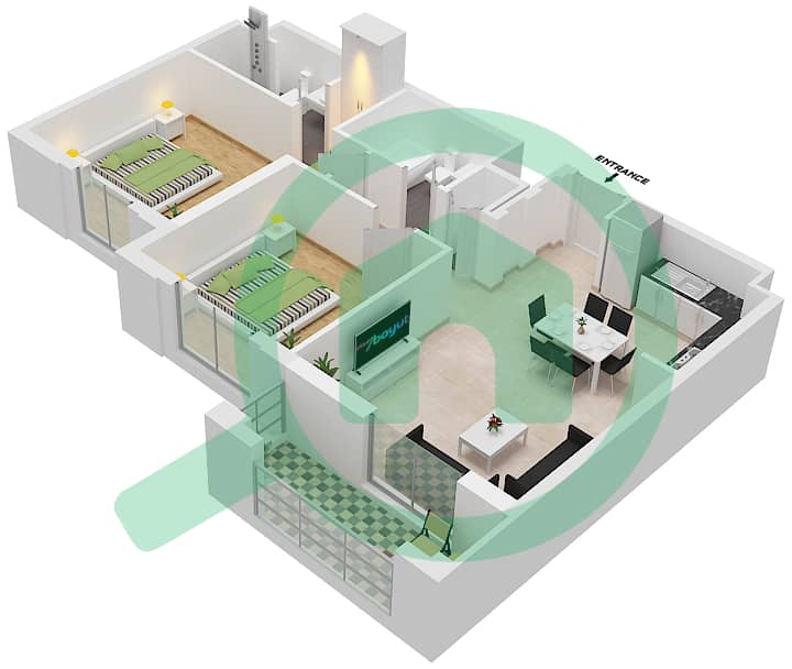 Cyan Beach Residence by Eagle Hills - 2 Bedroom Apartment Type/unit 2A-2/27 Floor plan Floor 2-5 interactive3D