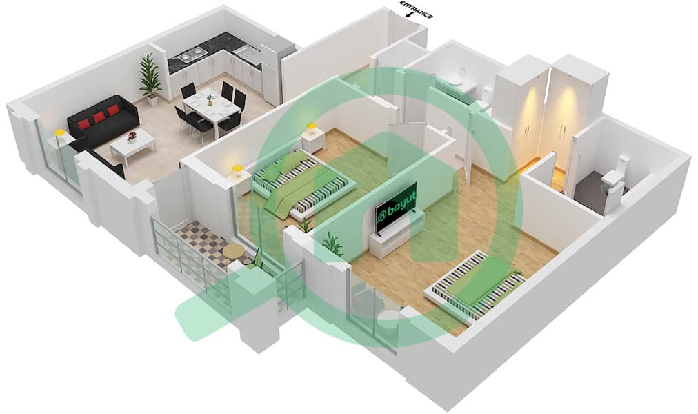 المخططات الطابقية لتصميم النموذج / الوحدة 2B-1M/17 شقة 2 غرفة نوم - سيان بيتش رزيدنس من ايجل هيلز interactive3D