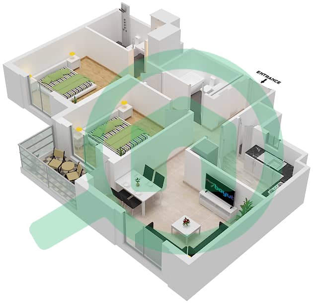 Cyan Beach Residence by Eagle Hills - 2 Bedroom Apartment Type/unit 2C-1/9,14 Floor plan Floor 1-4 interactive3D