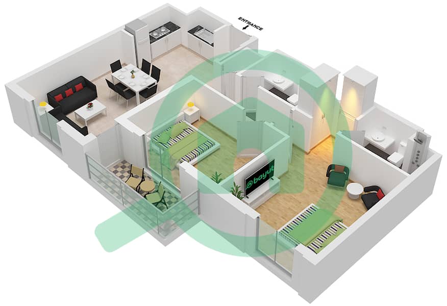 Cyan Beach Residence by Eagle Hills - 2 Bedroom Apartment Type/unit 2E-1M/15 Floor plan Floor 5 interactive3D