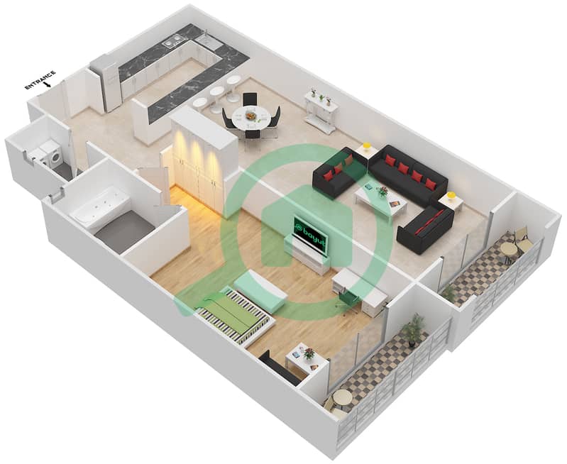 المخططات الطابقية لتصميم الوحدة 12 SIENA 1 شقة 1 غرفة نوم - سيينا 1 Second Floor interactive3D