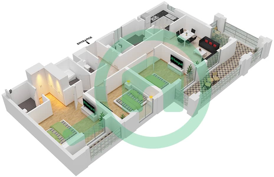 雄鹰山庄赛恩海滩公寓 - 3 卧室公寓类型／单位3A-1/7戶型图 Floor 1-4 interactive3D