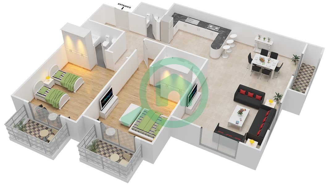 المخططات الطابقية لتصميم الوحدة 8 SIENA 1 شقة 2 غرفة نوم - سيينا 1 Second Floor interactive3D