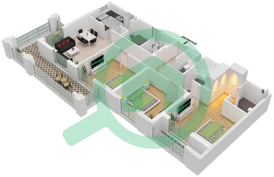 Cyan Beach Residence by Eagle Hills - 3 Bedroom Apartment Type/unit 3A-1M/14 Floor plan Floor 5 interactive3D