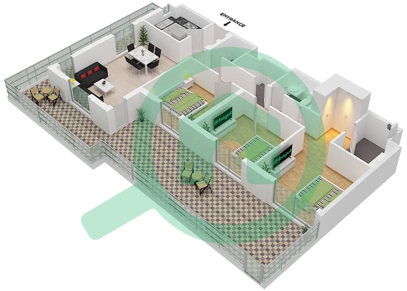 Cyan Beach Residence by Eagle Hills - 3 Bedroom Apartment Type/unit 3B-1/3 Floor plan Floor 1 interactive3D
