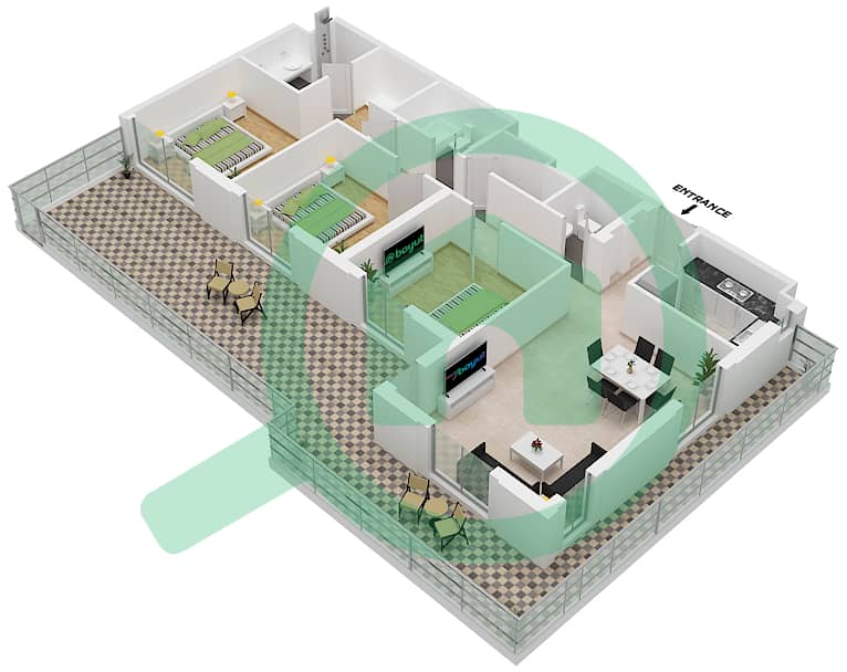 雄鹰山庄赛恩海滩公寓 - 3 卧室公寓类型／单位3B-1M/19戶型图 Floor 1 interactive3D