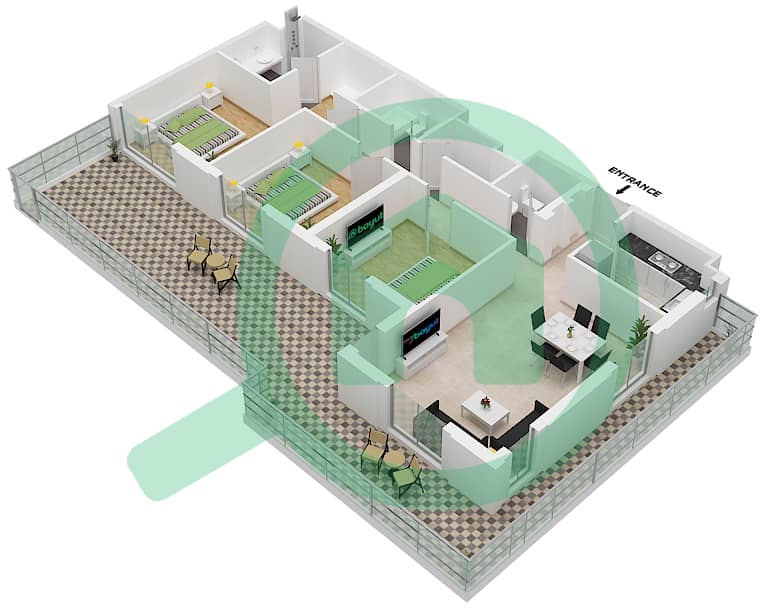 Cyan Beach Residence by Eagle Hills - 3 Bedroom Apartment Type/unit 3B-1M/19 Floor plan Floor 1 interactive3D