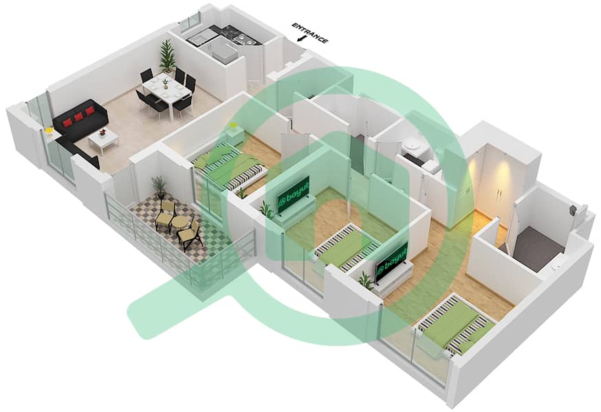 雄鹰山庄赛恩海滩公寓 - 3 卧室公寓类型／单位3B-2/3戶型图 Floor 2-4 interactive3D