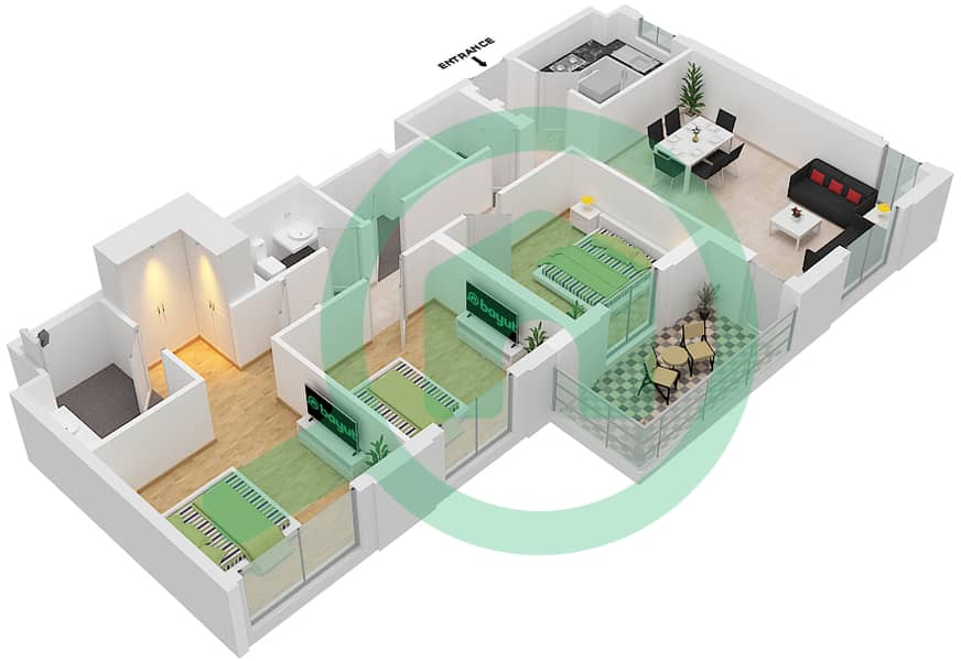 Cyan Beach Residence by Eagle Hills - 3 Bedroom Apartment Type/unit 3B-2M/19 Floor plan Floor 2-4 interactive3D