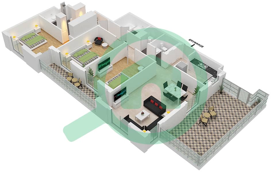 Cyan Beach Residence by Eagle Hills - 3 Bedroom Apartment Type/unit 3C-1/4 Floor plan Floor 1 interactive3D