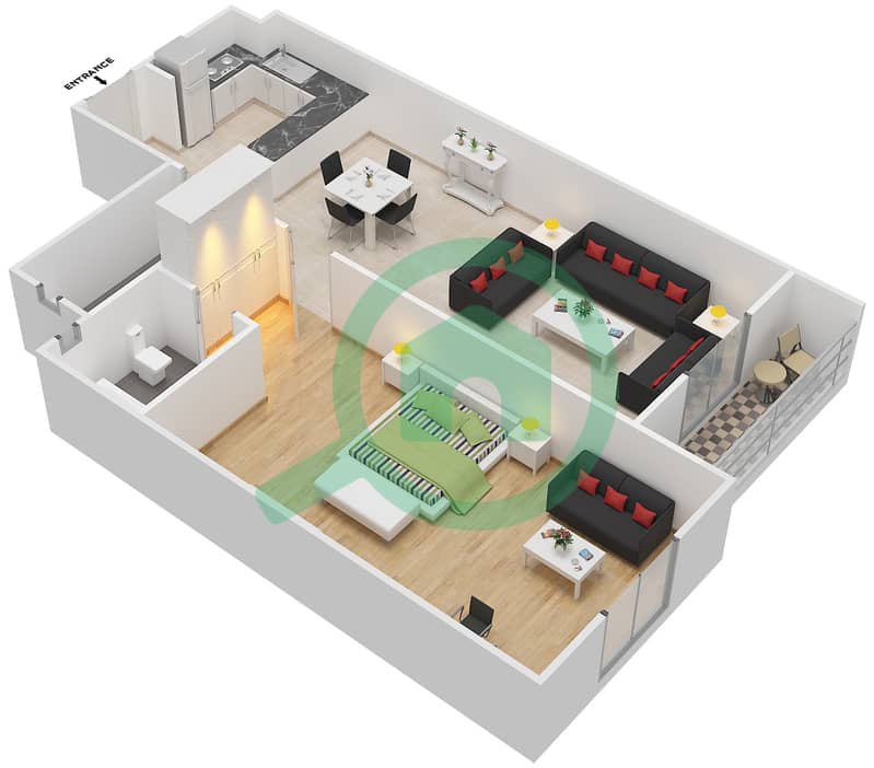المخططات الطابقية لتصميم الوحدة 18 FLORENCE 1 شقة 1 غرفة نوم - فلورنس 1 Floor 1 interactive3D