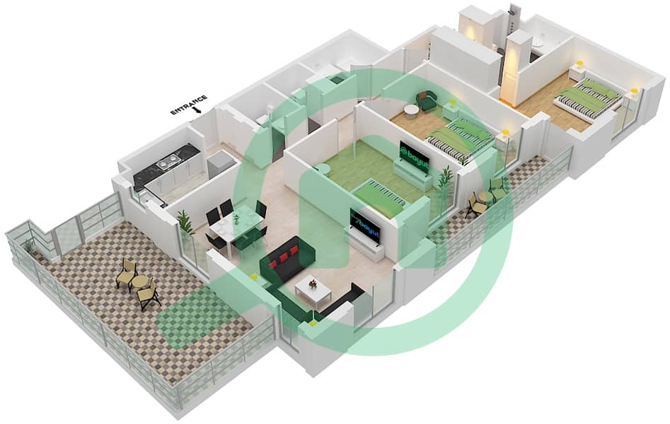 Cyan Beach Residence by Eagle Hills - 3 Bedroom Apartment Type/unit 3C-1M/18 Floor plan Floor 1 interactive3D