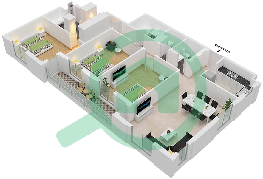 Cyan Beach Residence by Eagle Hills - 3 Bedroom Apartment Type/unit 3C-2/4 Floor plan Floor 2-4 interactive3D