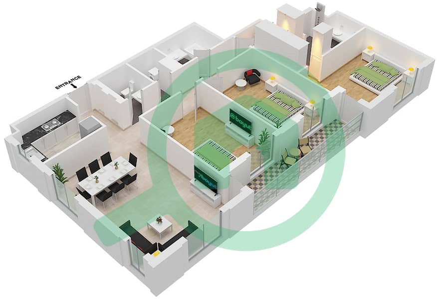 Cyan Beach Residence by Eagle Hills - 3 Bedroom Apartment Type/unit 3C-2M/18 Floor plan Floor 2-4 interactive3D