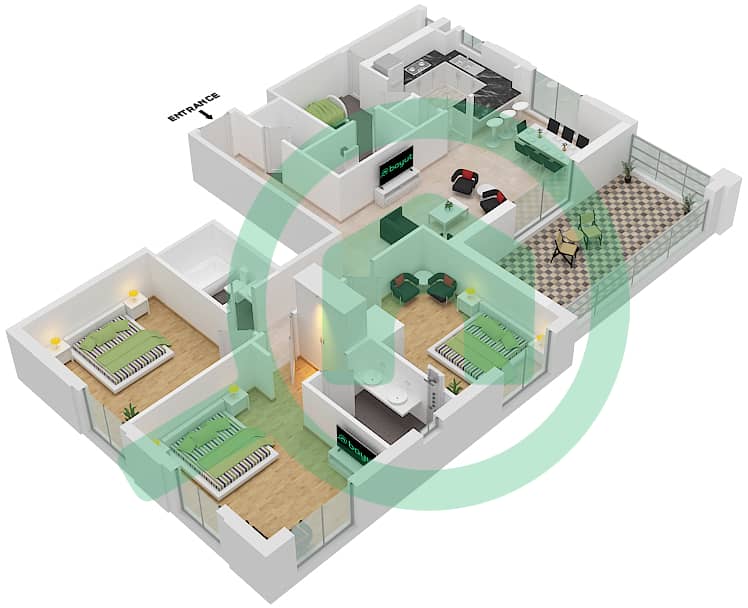 Cyan Beach Residence by Eagle Hills - 3 Bedroom Apartment Type/unit 3D-2M/15 Floor plan Floor 6 interactive3D