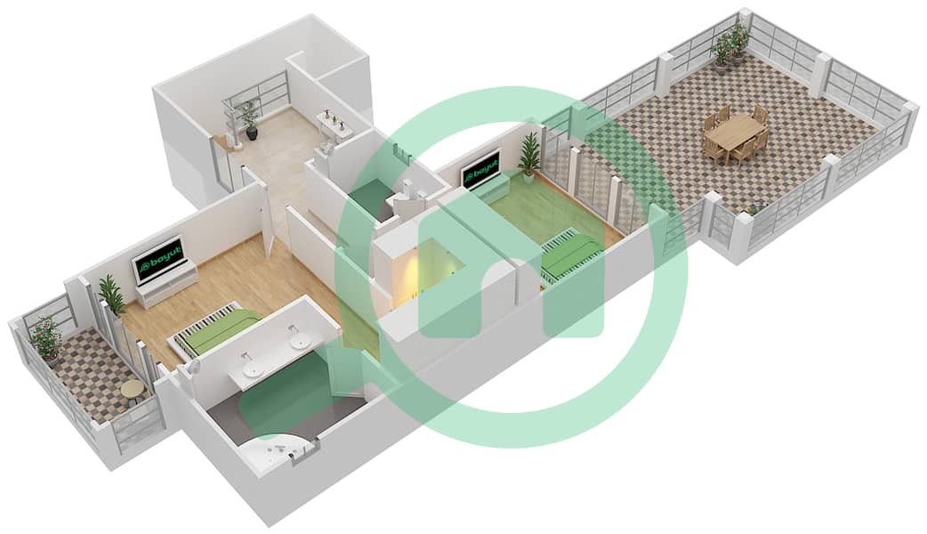 المخططات الطابقية لتصميم النموذج A فیلا 2 غرفة نوم - الضاحية 12 interactive3D