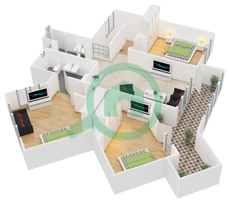 Al Waha - 3 Bedroom Villa Type B Floor plan interactive3D