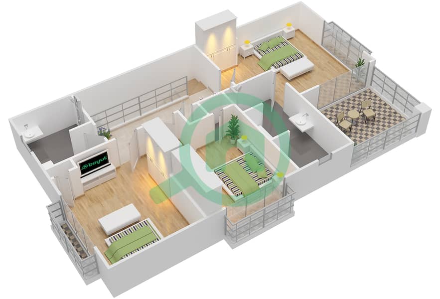المخططات الطابقية لتصميم النموذج SEMI DTCHD BUNGALOW 1 فیلا 3 غرف نوم - منتجع ونادي الحبتور للبولو - ذي رزدنسز First Floor interactive3D