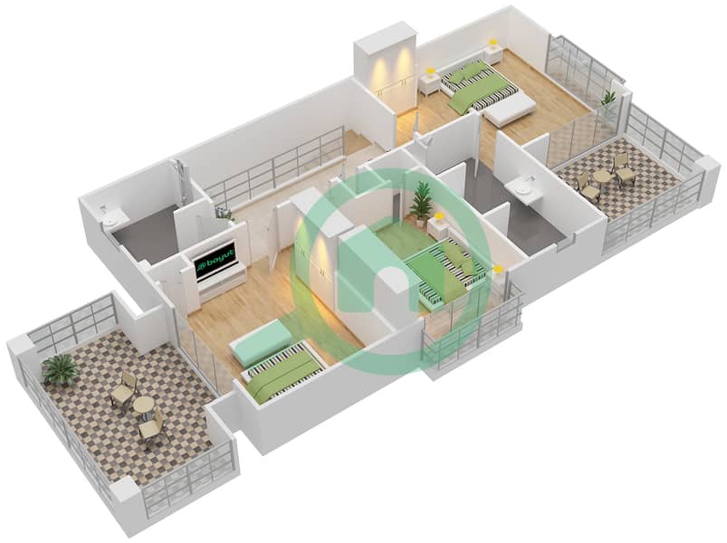 المخططات الطابقية لتصميم النموذج SEMI DTCHD BUNGALOW 1 فیلا 4 غرف نوم - منتجع ونادي الحبتور للبولو - ذي رزدنسز First Floor interactive3D