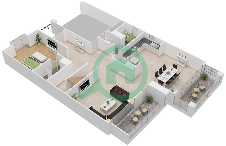 المخططات الطابقية لتصميم النموذج 1 فيلا تجارية 5 غرف نوم - منتجع ونادي الحبتور للبولو - ذي رزدنسز Ground Floor interactive3D