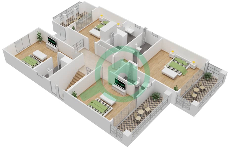 المخططات الطابقية لتصميم النموذج 1 فيلا تجارية 5 غرف نوم - منتجع ونادي الحبتور للبولو - ذي رزدنسز First Floor interactive3D