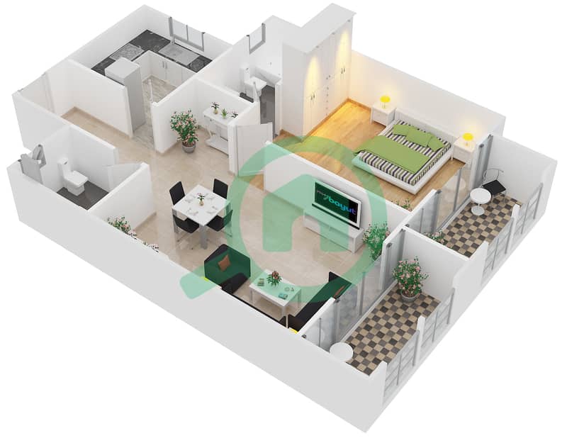 المخططات الطابقية لتصميم الوحدة 1,2,3,4,5 شقة 1 غرفة نوم - برج أجمل سارة Unit 1,2,3,4,5 Floor 4-16
Unit 2,3,4,5 Floor 3 interactive3D