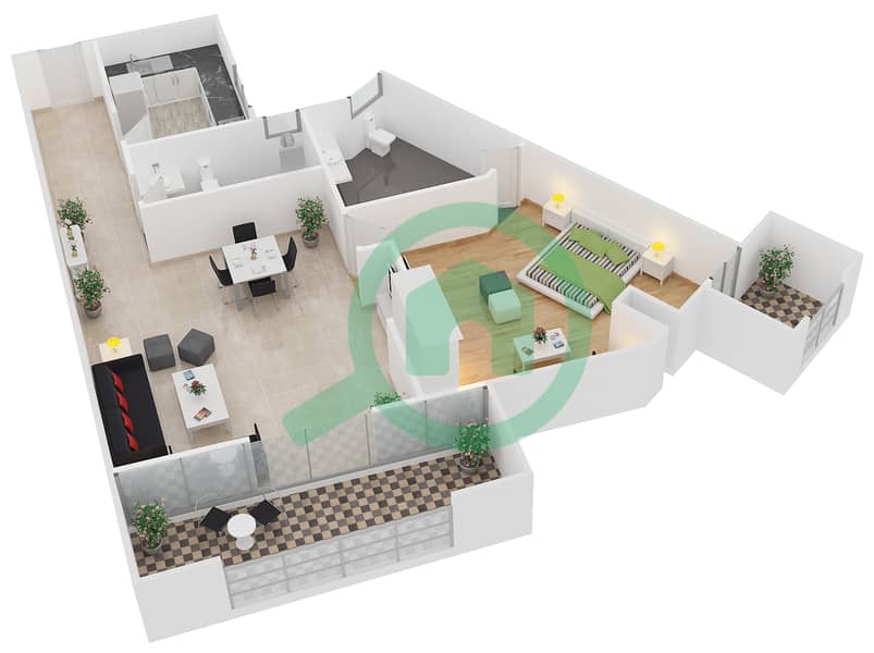 Ajmal Sarah Tower - 1 Bedroom Apartment Unit 11,12 Floor plan Unit 11 Floor 3
Unit 12 Floor 4-16 interactive3D