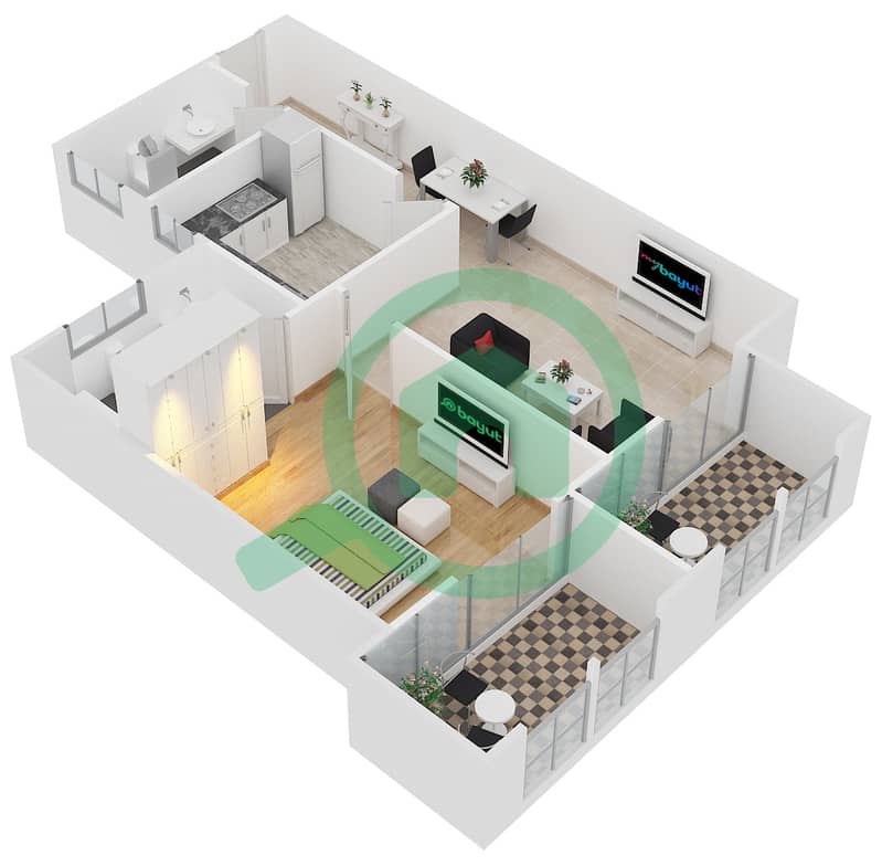 阿杰玛萨拉大厦 - 1 卧室公寓单位12,13戶型图 Unit 12 Floor 3
Unit 13 Floor 4-16 interactive3D