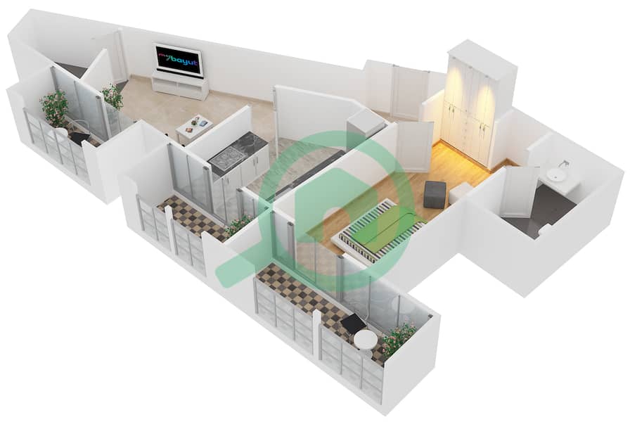 المخططات الطابقية لتصميم الوحدة 20 شقة 1 غرفة نوم - برج أجمل سارة Floor 4-9,11,13,15 interactive3D