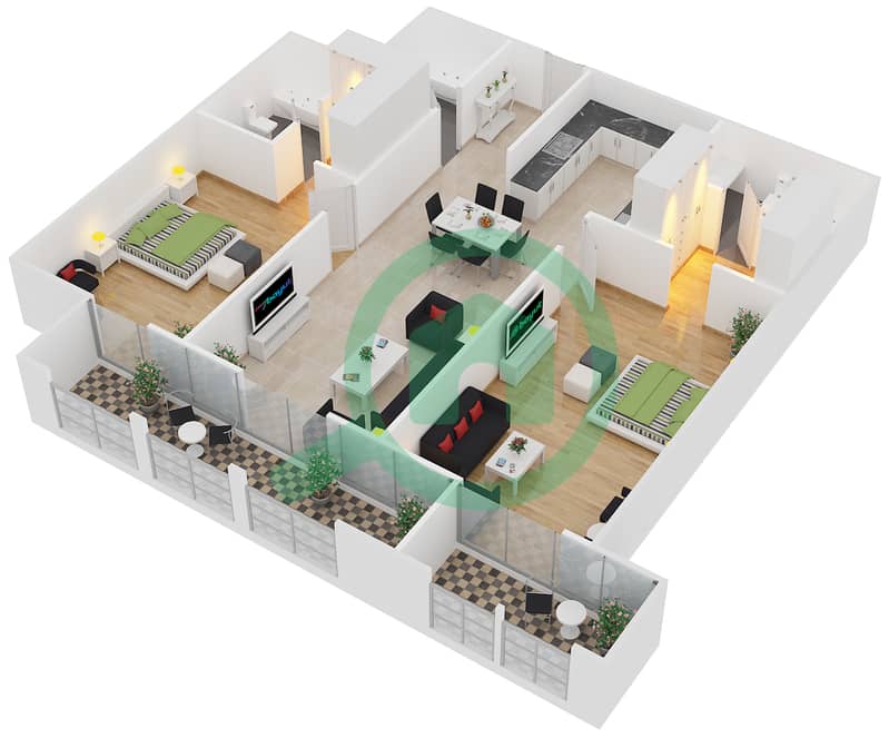 المخططات الطابقية لتصميم الوحدة 7 شقة 2 غرفة نوم - برج أجمل سارة Floor 3 interactive3D