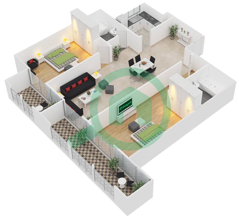 Аджмал Сарах Тауэр - Апартамент 2 Cпальни планировка Единица измерения 10,11 Unit 10 Floor 3
Unit 11 Floor 4-16 interactive3D