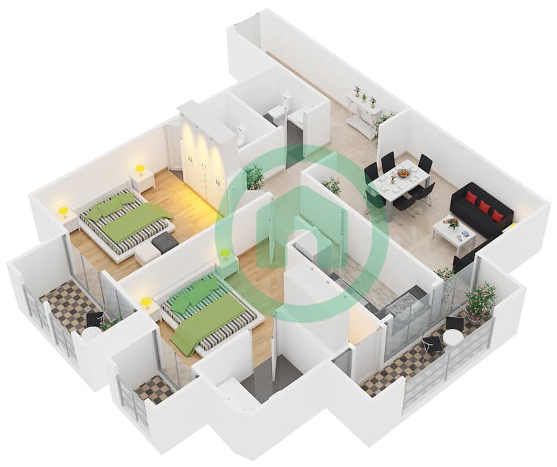 المخططات الطابقية لتصميم الوحدة 10 شقة 2 غرفة نوم - برج أجمل سارة Floor 4-16 interactive3D