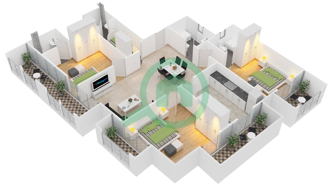 Ajmal Sarah Tower - 3 Bedroom Apartment Unit 17,18 Floor plan Floor 3
Floor 10,12,14,16 interactive3D