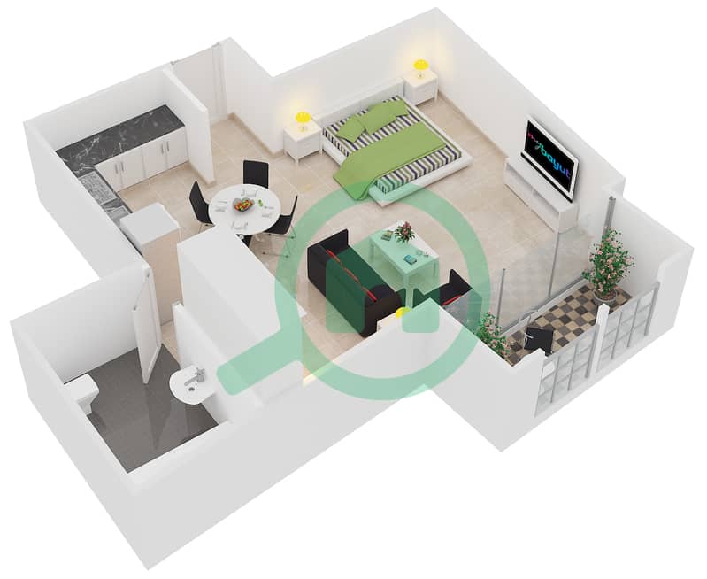 阿杰玛萨拉大厦 - 单身公寓单位19戶型图 Floor 4-9-11-13-15 interactive3D