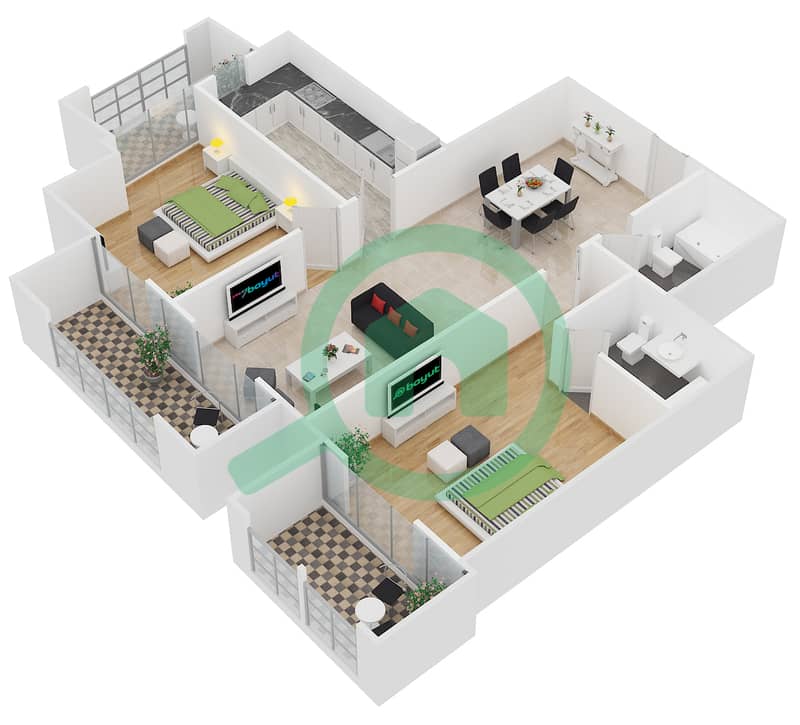 阿杰玛萨拉大厦 - 2 卧室公寓单位18 FLOOR 4-9戶型图 Floor 4-9,11,13,15 interactive3D