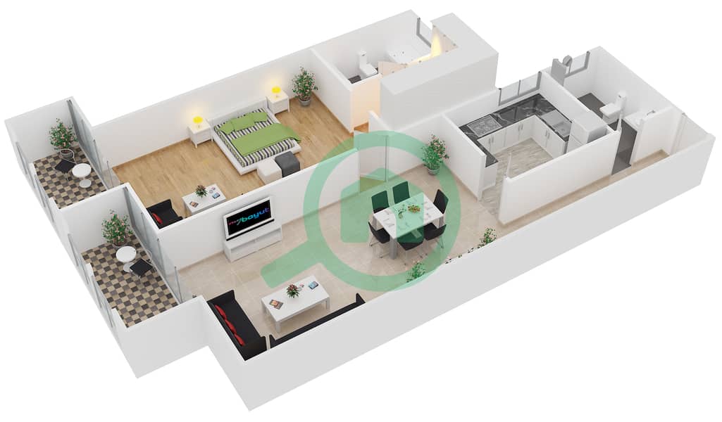 المخططات الطابقية لتصميم الوحدة 9 شقة 1 غرفة نوم - برج أجمل سارة Floor 4-16 interactive3D