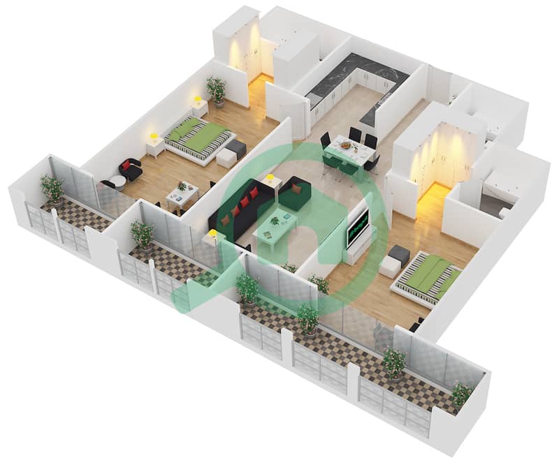المخططات الطابقية لتصميم الوحدة 8 شقة 2 غرفة نوم - برج أجمل سارة Floor 3 interactive3D