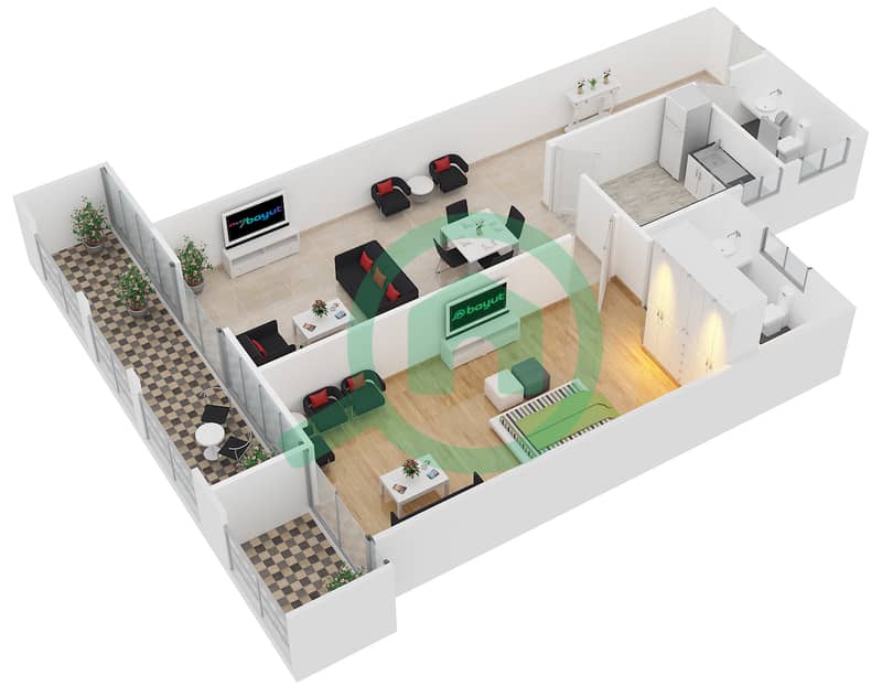 المخططات الطابقية لتصميم الوحدة 8 شقة 1 غرفة نوم - برج أجمل سارة Floor 4-16 interactive3D