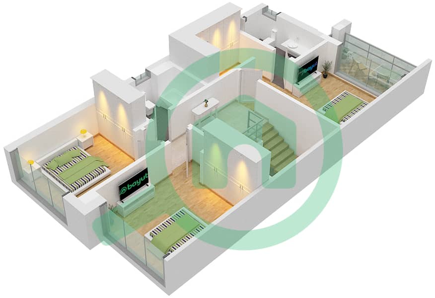 المخططات الطابقية لتصميم النموذج / الوحدة 4E,4E-1 / UNIT END تاون هاوس 4 غرف نوم - لاروزا 1 First Floor interactive3D