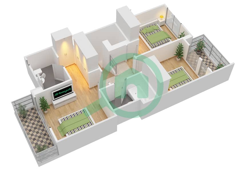 المخططات الطابقية لتصميم النموذج 1 MIDDLE تاون هاوس 3 غرف نوم - شمس interactive3D