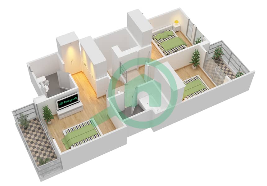 المخططات الطابقية لتصميم النموذج 2 MIDDLE تاون هاوس 3 غرف نوم - شمس interactive3D