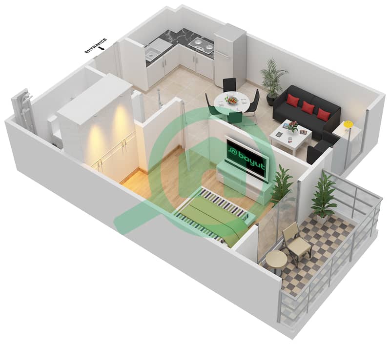 雷姆拉姆社区 - 1 卧室公寓类型3戶型图 Floor 1,2,3 interactive3D