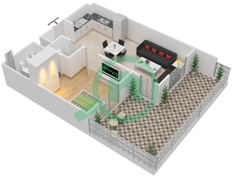 Remraam - 1 Bedroom Apartment Type 5A Floor plan Ground Floor interactive3D